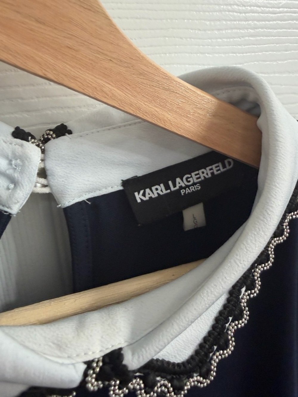 Karl Lagerfeld Navy Top with White Rounded Collar with Beaded Embellishment - Picture 2 of 4